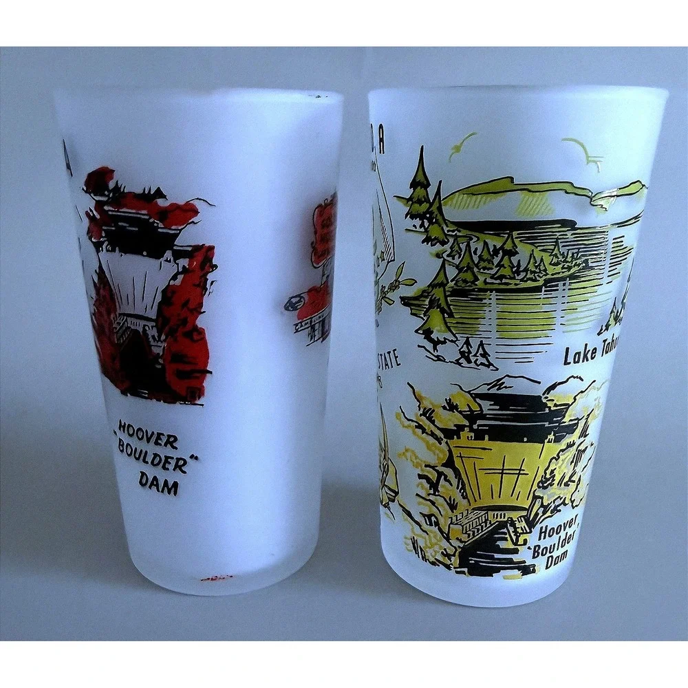 Nevada Vtg 60s Las Vegas & Reno Beverage Frosted Glass Tumblers Enamel Paint 5